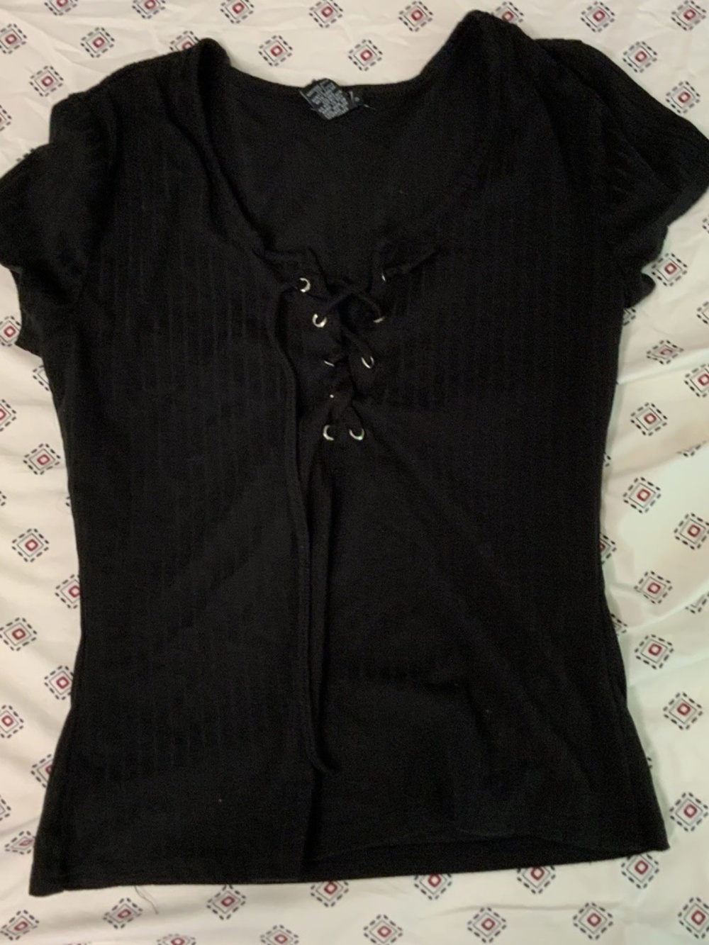 Women's Rue 21 Short Sleeve Black T Shirt Top Lace Up Front Medium Ribbed